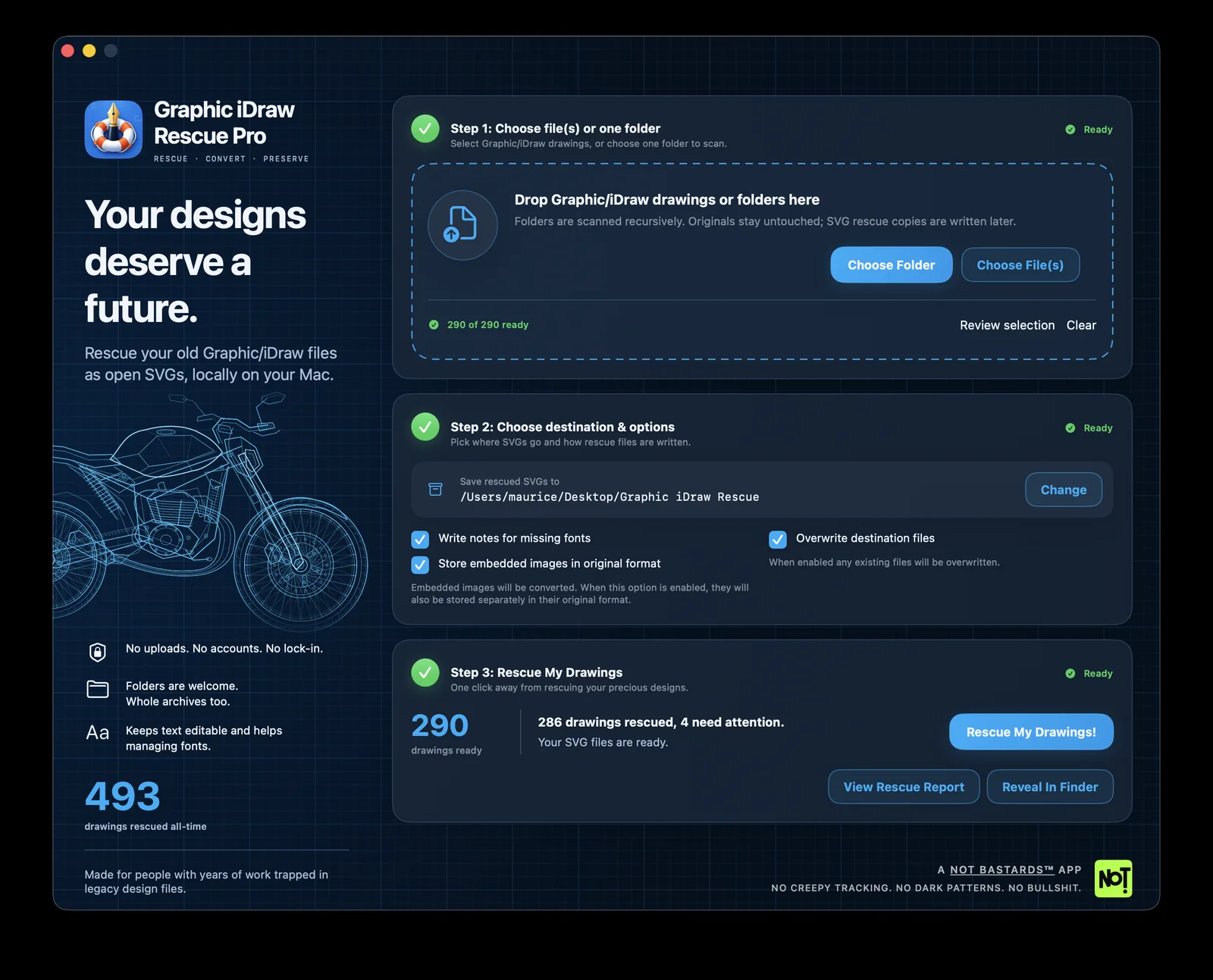Graphic iDraw Rescue Pro showing the steps to select drawings, choose a destination, and rescue files as SVGs.